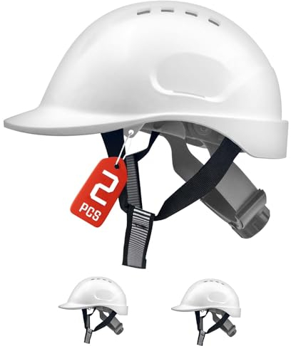 Mustbau 2 PCS Casque de Chantier, Casque Protection de Construction avec Sangle 6 Points, 52 à 66cm Tour de tête réglable, Très Respirant pour Hommes, Femmes - Blanc
