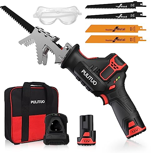 Sega a Gattuccio,PULITUO 12V Sega alternativa a batteria con velocità variabile da 0-2700 RPM e piastra del piede regolabile,Seghetto a Batteria con batterie da 2.0Ah e Ricarica rapido da 1 ora,4 lame