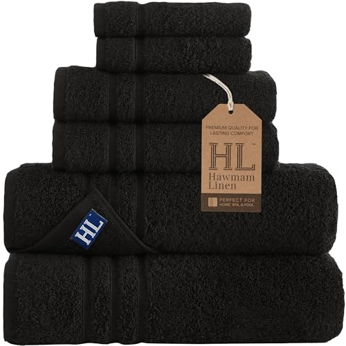 Hawmam Linen Black 6 Piece Bath Towels Set for Bathroom Original Turkish Cotton Soft, Absorbent and Premium 2 Bath Towels, 2 Hand Towels, 2 Washcloths