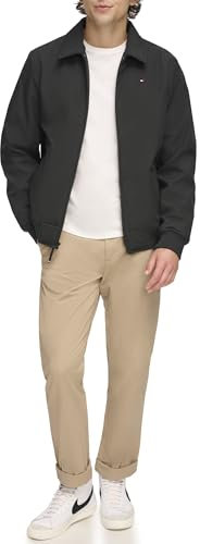 Tommy Hilfiger Herren Lightweight Water Resistant Varsity Bomber Jacket Shell-Jacke, Schwarze Softshell W. Laydown-Kragen, L