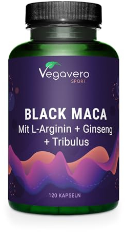 Black Maca 5000 mg + L-Arginin | Tribulus, Ginseng, Zink | hochdosiert: 10:1 Extrakt | Vegan & Ohne Zusätze | 120 Kapseln | Deutsche Produktion von Vegavero
