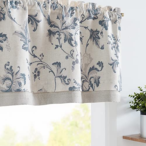 TOPICK Tende a pannello in lino opache per cucina stile country primaverile con motivo floreale oscuranti tende corte da bistrot con volant per soggiorno finestra confezione da 1 blu su beige 40L x