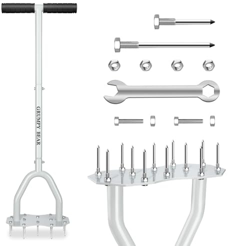 Grumpy Bear Heavy Duty Spike Lawn Aerator – Non-Slip T-Handle, Thick Stainless Steel Tube, Big Foot Plate for Better Root Growth & Water Drainage