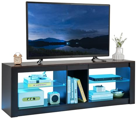 CASART LED TV Cabinet for 65 inch TVs, 140cm Entertainment Center TV Unit with Adjustable Glass Shelves & 20 RGB Light Colors, Modern Media TV Console Table for Living Room Bedroom