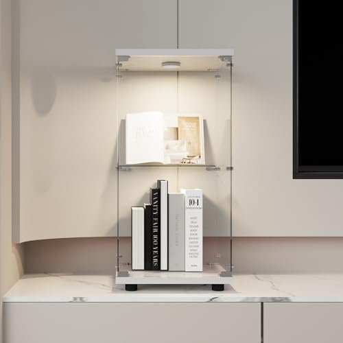 FOERPL Vitrine, LED-Vitrine, Glasvitrine für Kollektion mit Tür, Vitrine aus Glas, 2 Ebenen, Schrank Vitrine mit Schloss, Vitrine, Möbel für Wohnzimmer, Bar (2 Etagen + Lichter, weiß)