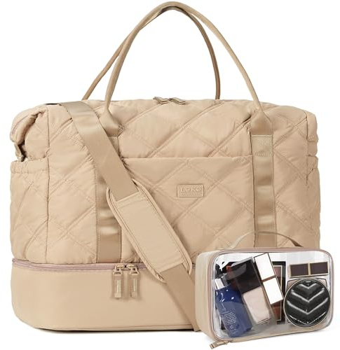 Lekespring Reisetasche Damen, Groß Puffer Weekender mit Schuhfach & Kulturbeutel, Leicht Sporttasche Handgepäck Tasche Kliniktasche Geburt Wasserdicht Travel Bag für Flugzeug, Reisen, Gym-Khaki
