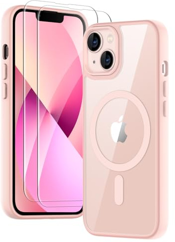 COPIKE Funda Magnética para iPhone 13 y iPhone 14 con 2 Cristal Templado, Carcasa Antigolpes Marco de TPU Mate con Transparente Anti-Arañazos Respaldo, Rosa