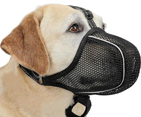 QMLING Maulkorb für große Mittlere Kleine Hunde, Reflektierend Mesh Maulkorb, Atmungsaktive Haustier Maske, Maulkörbe mit Verstellbarer Riemen Verhindert Das Beißen und Kauen (M L XL) (L)