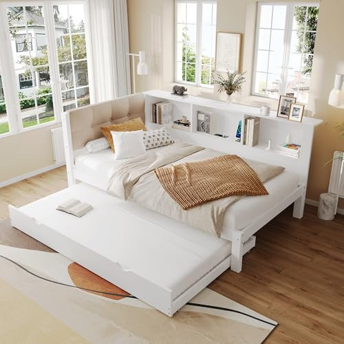 Dolamaní Cama de día extensible con tira LED regulable, práctica estantería, puerto USB, cabecero y somier, cama individual, cama de madera, cama nido (blanco, 90 x 200 cm)