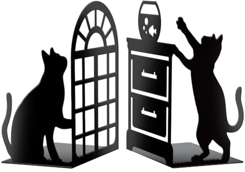 Peacoblue Serre Livre Original Metal Noir, Serre-Livres Chat Design Moderne Serré Livre Decoratif Bureau pour Bureau, Cuisine, Étagère et Bibliothèque, 1 Paire