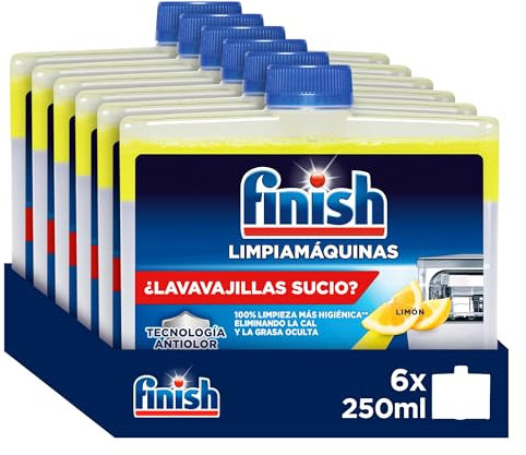 Finish Limpiamáquinas - Limpieza higiénica para el lavavajillas contra el mal olor, la cal y la grasa, líquido, aroma Limón, Pack de 6 unidades de 250ml