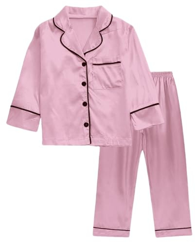 JiaYouLC Kids Pyjamas Girls Boys Short Sleeve Satin Pyjamas Button-Down Faux Silk Nightwear Children Sleepwear Teens Age 4-16 (UK, Age, 13 Years, 14 Years, Regular, Champagne-C)