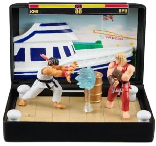 Figurine de collection Street Fighter II - Console Heroes - Réplique Cartouche pliable SEGA Mega Drive, Diorama de jeu rétro avec figurines Ryu & Ken, Décor Dock Stage