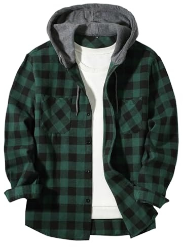 Mens Shirts Casual Men's Button Plaid Hooded Shirt with Double Pockets and Drawstring Casual Comfy Hoodie for Men Checked Jacket Flannel Regular Fit (Dark Green, M)