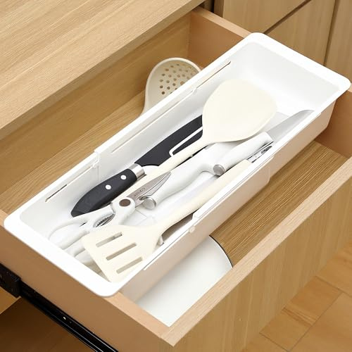 Gulfmew 2 Pack Deep Drawer Organizer Bins, Sliding Drawer Organizer Bin Expandable and Adjustable Tray for Kitchen Utensils, BBQ Tools, Towels, Durable Plastic Sliding for Easy Storage(17.4-27.6)