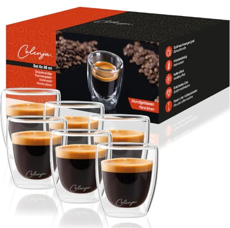 Colenja Set di 6 tazzine caffe vetro a doppia parete 80 ml - Bicchieri espresso di alta qualità - Vetro elegante e resistente ai graffi - Idea regalo - Vetro borosilicato - Lavabili in lavastoviglie
