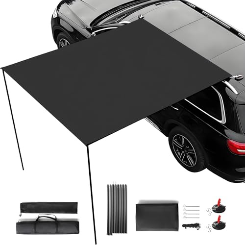 Kit de Toldos para Coche 200x300cm, con 2 Postes, 8 Cuerdas de Amarre, 8 Estacas, 2 Ventosas, Bolsa de Almacenaje y Saco de Transporte, UPF50+, PU3000+ Impermeable, para Aventuras Off-Road (Negro)