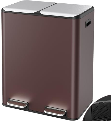 LIFERUN Cubo de basura con 2 compartimentos, 2 x 30 litros, cubo de basura con pedal con filtro antiolor, tapa silenciosa, cubo interior de plástico, sistema de recogida selectiva, cubo de basura