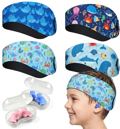 Probuk Lote de 4 Cintas de Natación para Niños con Tapones para los Oídos – 2 Pares Protectores Auditivos + Diademas Neopreno, Ajustables con Velcro, Impermeables – Para Piscina, Ducha, Buceo