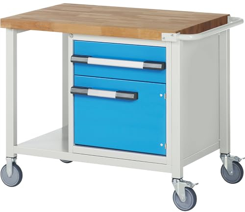 eurokraft | Fahrbare Werkbank Serie 8000 | Gestellbauweise | 1 Schublade | 1 Tür | Ablageboden | BxT 1000 x 700 mm