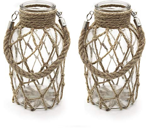 Funsoba Rustic Hanging Mason Nautical Jar Rope Net Dry Flower Glass Vase with Handle Pack of 2 (2 Vase 8)