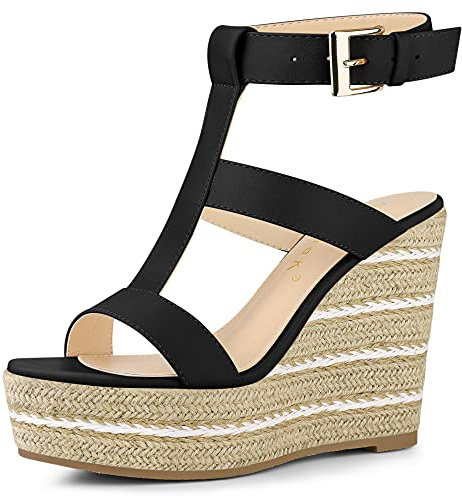 Allegra K Women's Strappy Espadrille Wedges Platform Sandals Black 7 UK/Label Size 9 US