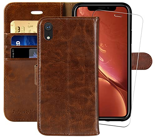 iPhone XR Wallet Case,6.1-inch,MONASAY [Glass Screen Protector Included] Flip Folio Leather Cell Phone Cover with Credit Card Holder for Apple iPhone XR,Brown