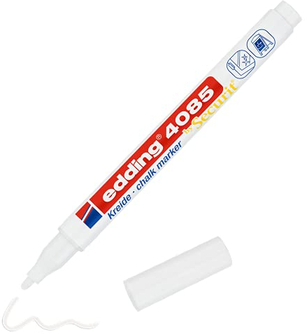 edding 4085 Kreidemarker - weiß - 1 Kreidestift - Rundspitze 1-2 mm - dünner Kreidestift für Tafel abwischbar - zum Beschriften von Fenster, Glas, Spiegel - Tafelstift mit deckenden Farben
