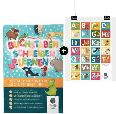 WOLFF KIDS ABC Cuaderno de aprendizaje de caligrafía + póster ABC I Letras Aprendizaje con animales I Póster de letras 2 en 1 + cuaderno ABC I Ejercicios de escritura I Preescolar guardería 1ª