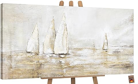 YS-Art Quadri acrilici su tela Abbagliamento solare Paesaggio di luce marina dipinta a mano Barche a vela navi 120x60 cm