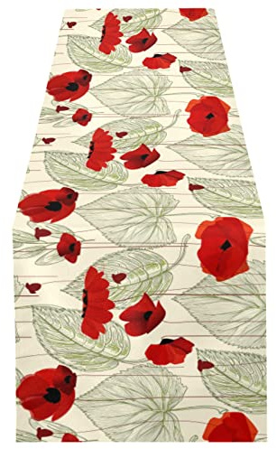 Vintage Floral Red Poppy Flowers Leaves Seamless Pattern 18 X 72 Rectangle Table Runner Long Tablecloth Placemat for Party Home Decor Indoor Outdoor Office Kitchen Dining Wedding