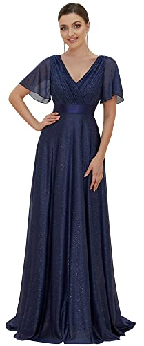 Ever-Pretty Damen Funkelnde Rüschen Ärmel Tiefer V-Ausschnitt Empire Taille A-Linie Abendkleider Kleid Navy blau 44EU