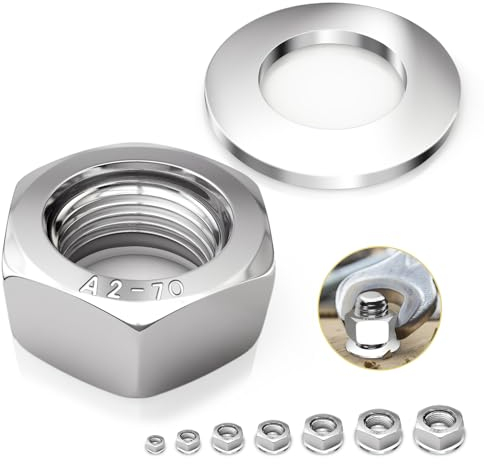 Sechskantmuttern M8 Mutter Edelstahl A2 V2A 304 mit Unterlegscheiben 50 Stück Sechskantmutter Muttern DIN 934 Selbstsichernd (standard Ausführung) für Schrauben, Gewindebolzen & Gewindestangen