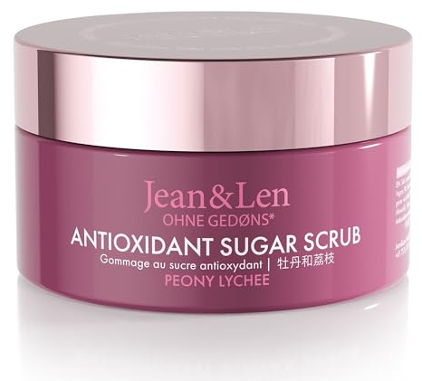 Jean & Len Exfoliating Sugar Scrub Peony & Lychee, für ein duftendes Reinigungserlebnis, mit reichhaltigen Ölen, hochwertiger Tiegel, Zucker-Öl-Peeling ohne Parabene & Silikone, 200 ml