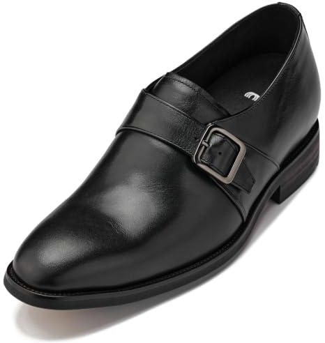 CALTO Men's Invisible Height Increasing Elevator Shoes - Black Leather Slip-on Monk-Strap Dress Loafers - 2.8 Inches Taller - Y7254 - Size 6.5 UK