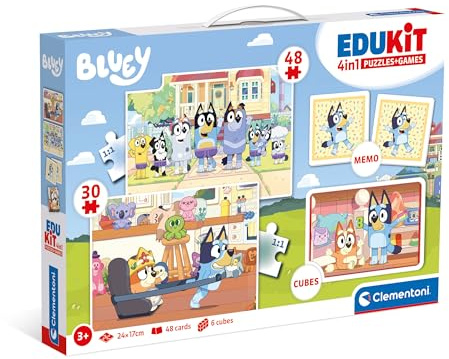 Clementoni - Set Giochi da Tavolo, Edukit 4 in 1 Bluey (Memo, Puzzle 30 e 48 Pezzi, 6 Cubi), Gioco di Memoria e Logica con Carte da Accoppiare, Puzzle Bambini 3 Anni, Made In Italy, 18320