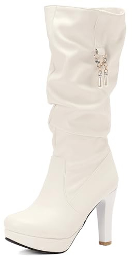 Gicoiz Mujer Invierno Elegante Tacón Alto Slouch Plataforma Botas Zip Laterale Noche Boda Moda Punta Rojoonda Altas Tall Botín Blanco Talla 38 EU-39Cn