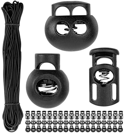 Your Day Mate Juego de tope de cordón y cinta elástica, 60 abrazaderas, 20 metros de cordón, Ø 4 mm, en negro, abrazadera de cinta para chaqueta, ropa deportiva, mochila, tope de cordón elástico
