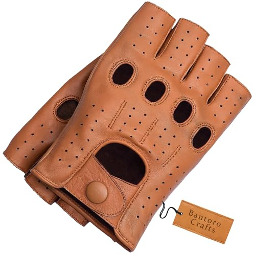 Bantoro Crafts Guantes sin Dedos de Piel de Oveja marrón de Primera Calidad: cómodos, duraderos y Ajustables para Ciclismo (Medium)