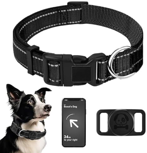 YENTEN Mit AirTag Halter Hundehalsband, Nylon Hunde Halsband für Kleine Mittlere Hunde, Wasserdicht, Verstellbare und Reflektierend für das Training, Schwarz S(12-16 Zoll)