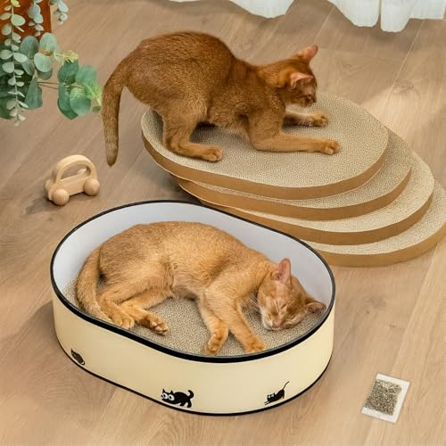 Griffoir pour Chat avec Boîte et 4 Planches à Gratter Réversibles - Grand Grattoir en Carton Ondulé Ultra-Résistant avec Autocollants DIY - Lounge pour Chats d'Intérieur, Protection des Meubles