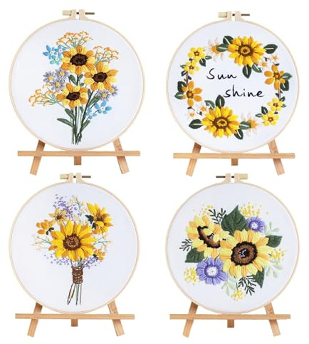MKNZOME Kit di Ricamo per Principianti Adulti, 3 Set di Kit a Punto Croce a Mano con Girasole, Punch Needle Kit con 1 Telaio in Bambù, 1 Forbici, Tessuto, Fili, Aghi e Istruzioni