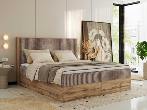 MKS MEBLE Boxspringbett 200x200 mit Bettkasten Holz Holzrahmen, Boxbett mit Matratze H3 und Kopfteil - Braun Cord - Wood Classic mit Topper T25