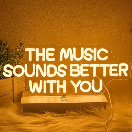 LMSIGNLY The Music Sounds Better With You Neon Sign for Wall Decor Music Neon Lights Warm White Letter LED Sign Dimmable USB Powered Neon Light Sign for Bedroom Studio Record Home Decoration