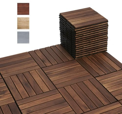 BEEFURNI 30PCS Interlocking Deck Tiles 12 x 12 - Waterproof Acacia Wood Decking for All Weather Use - Patio, Balcony, Porch, Yard, Indoor & Outdoor Wood Flooring (Dark Brown)