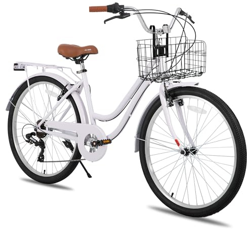 HILAND - Bicicleta cruiser de mujer con portaequipajes y cesta, color morado, marco bajo de acero, 26 pulgadas, 7 velocidades, frenos en V, guardabarros integrales, ideal para paseo y ciudad