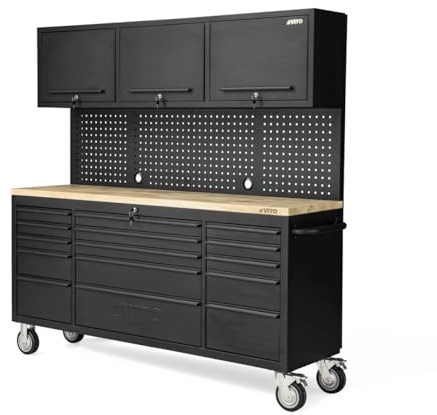 VITO - Banco de trabajo sobre ruedas Diseño - Armario con 3 puertas 182 x 51 x 186 cm 15 cajones con freno - Tablero de madera Capacidad de carga 500kg