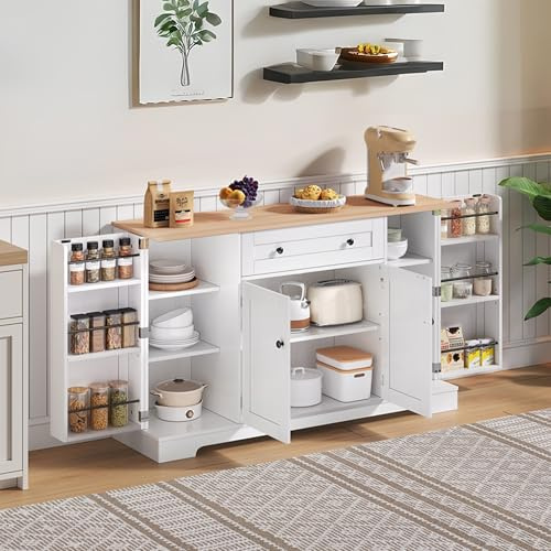 Skänk vit 138 x 40 x 85 cm, köksskåp med bänkskiva, multifunktionell köksbuffé – lådor, skåp, dörrhyllor och justerbar inredning, byrå för vardagsrum, kök, hall (A)