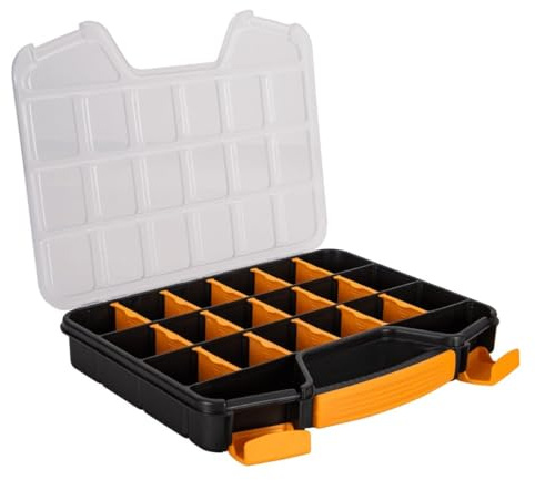 VITO - Caja de almacenamiento con 20 compartimentos extraíbles – Organizador transparente multifunción para piezas pequeñas, tornillos, pernos, 32,5 x 26 x 4,8 cm