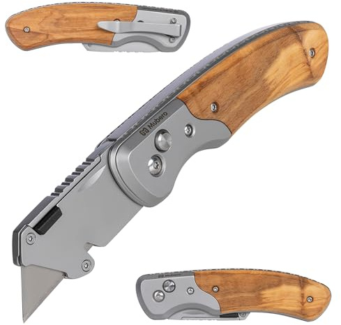 Mubero Folding Utility Knife with SK5 Stainless Steel Blade | With Olive Wooden Handle and Pocket Clip.